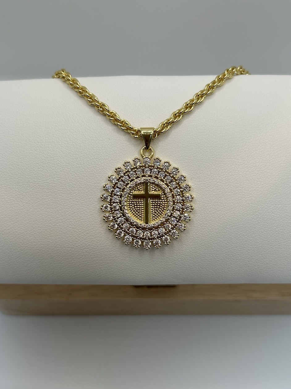 9ct GF Round Medallion Cross Pendant Necklace – 55cm (22”) 9K Gold Filled CZ