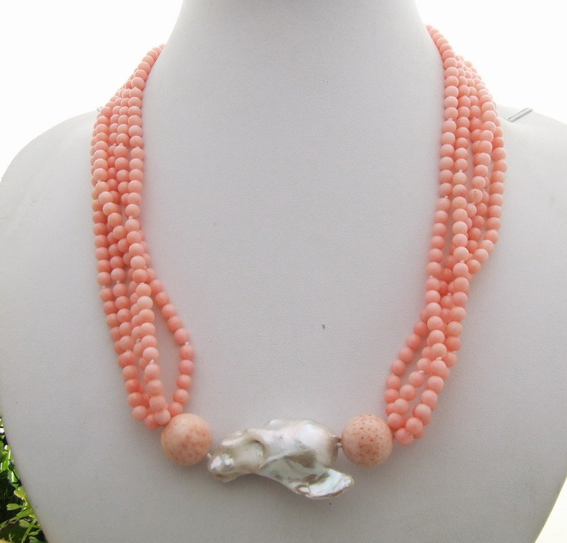 22mm Cultured Bead-Nucleated Whtie Pearl pink Coral Necklace 20″