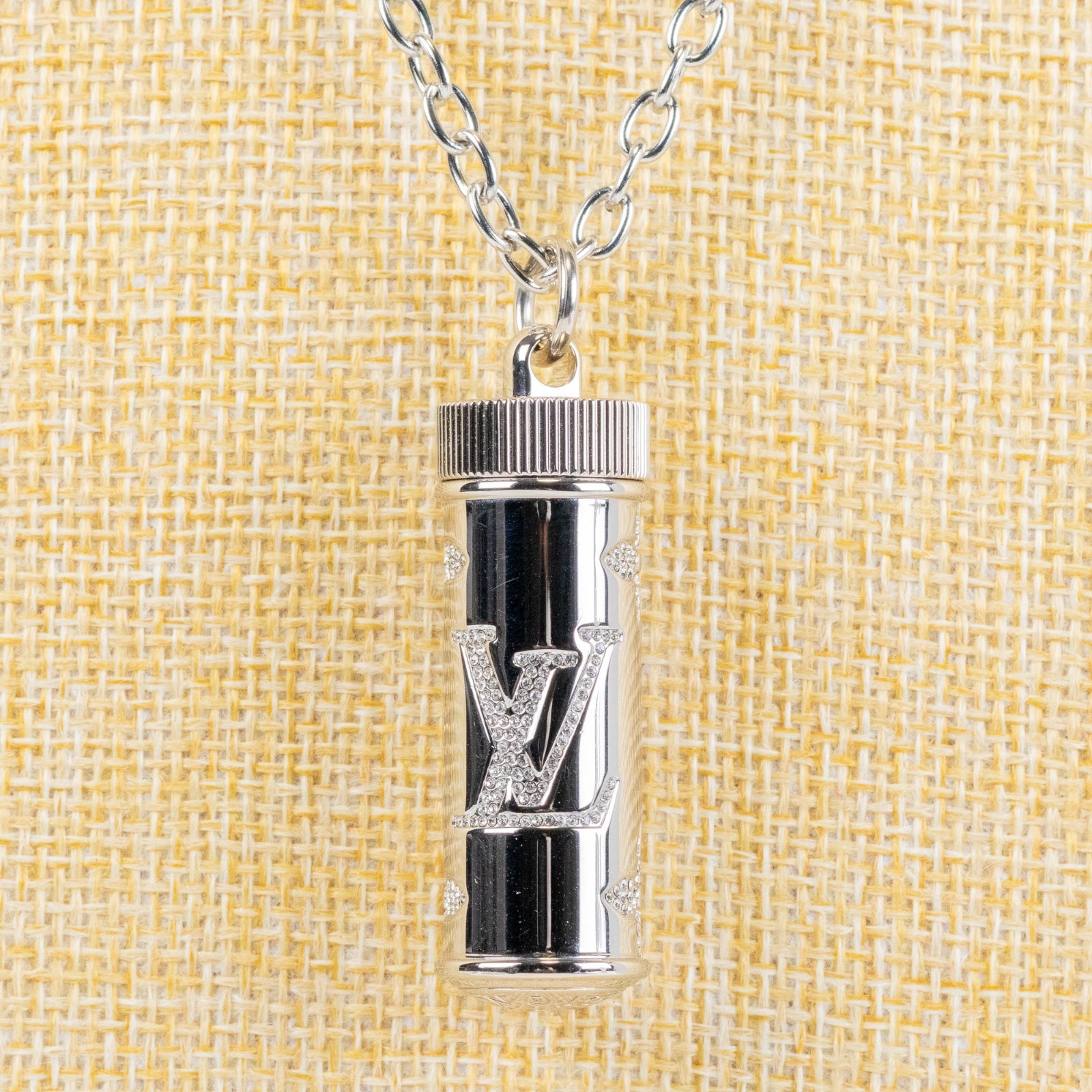 Louis Vuitton Monogram Strass Pill Case Pendant M68248 Silver Plate LV Auth Men