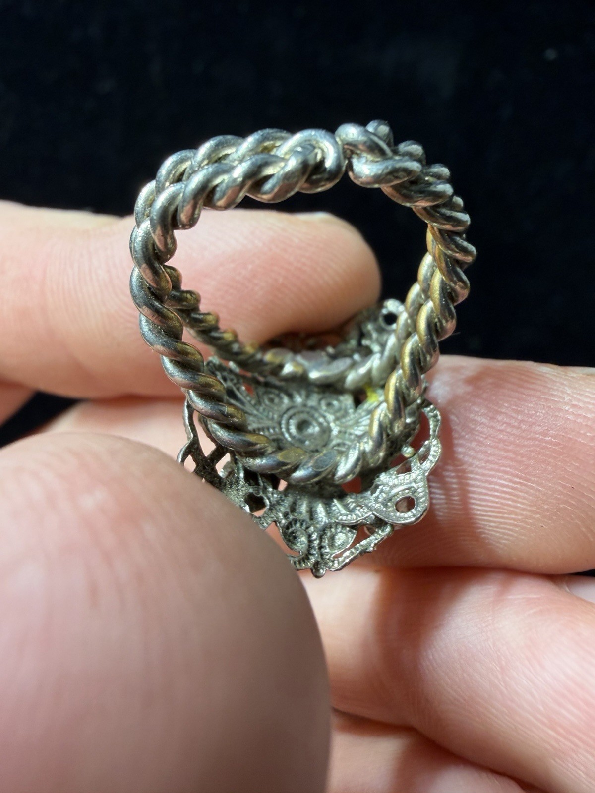 Vintage Adjustable Filigree Statement Ring Silver Tone AB Rhinestone Floral