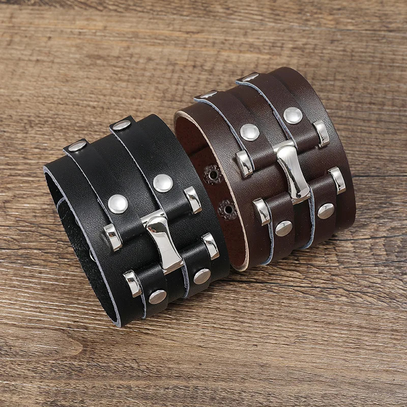 New Vintage Leather Bracelet Adjustable Gothic Punk Cuff for Men Jewelry