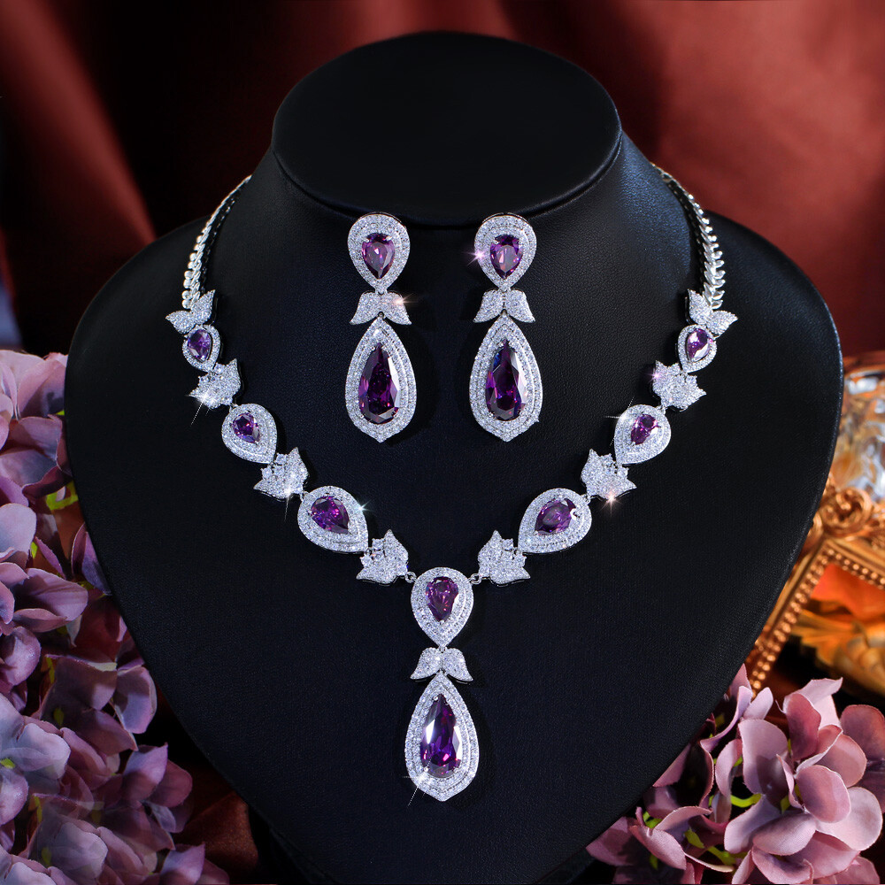 Silver Plated CZ Purple Dangling Drop Leaf Necklace Earrings Pageant Jewelry Set