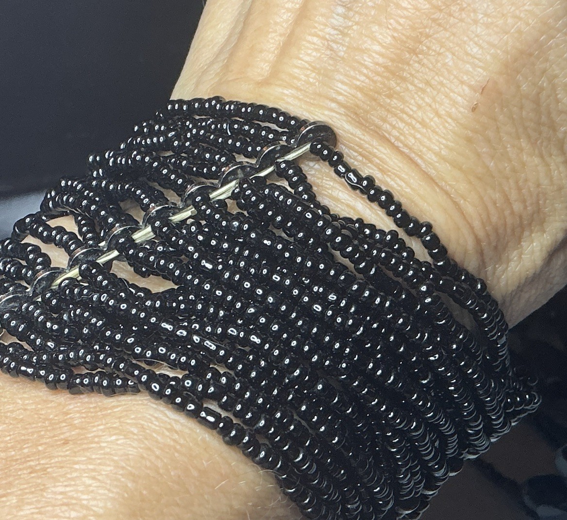 Black Multi-Strand Seed Bead Cuff Wrap Bracelet, Round Glass Beads