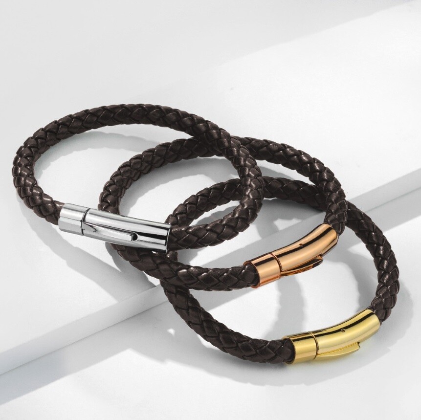 Men Braided Bolo Leather Bracelet W/ Stainless Steel Locking Clasp – Black Brown