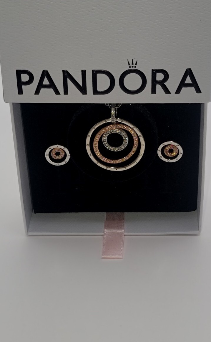 🔅Authentic Pandora Necklace Two-tone Circles With Earrings Gift Set In Box