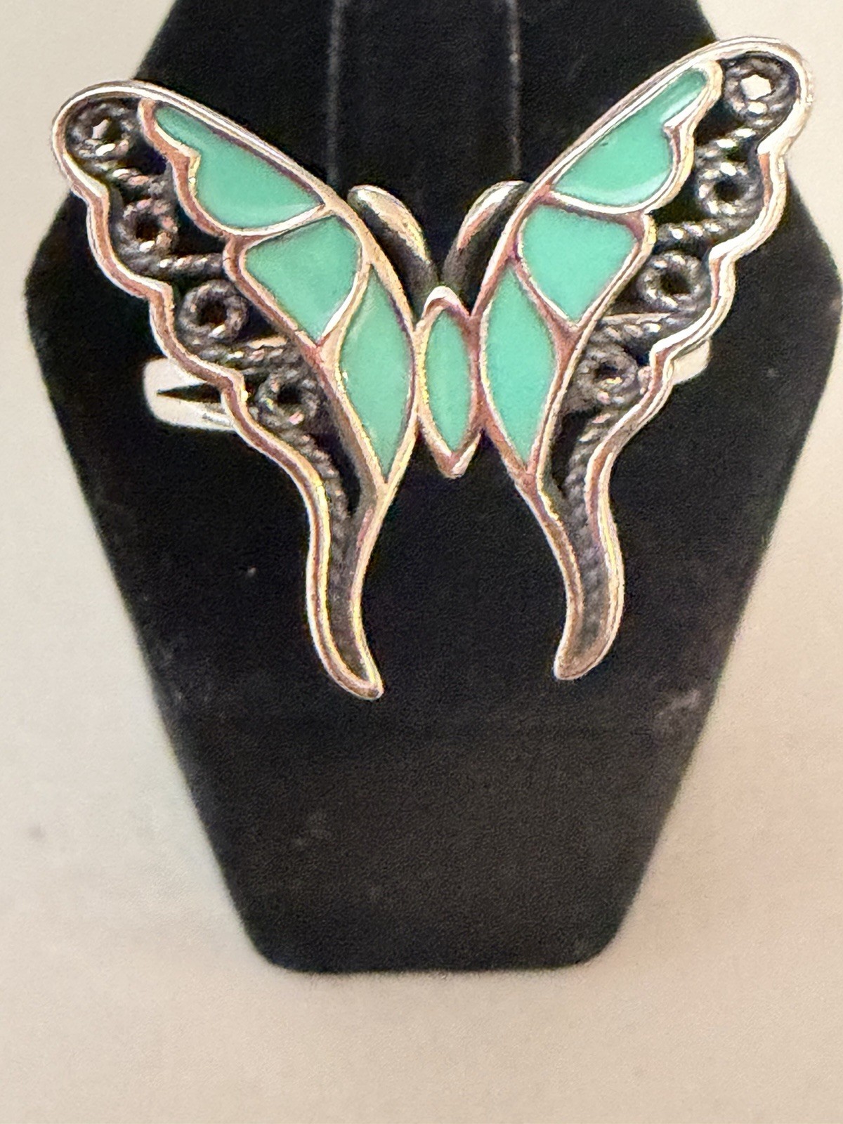 Butterfly Ring Band Oxidized Simulated Turquoise CZ 925 Sterling Silver