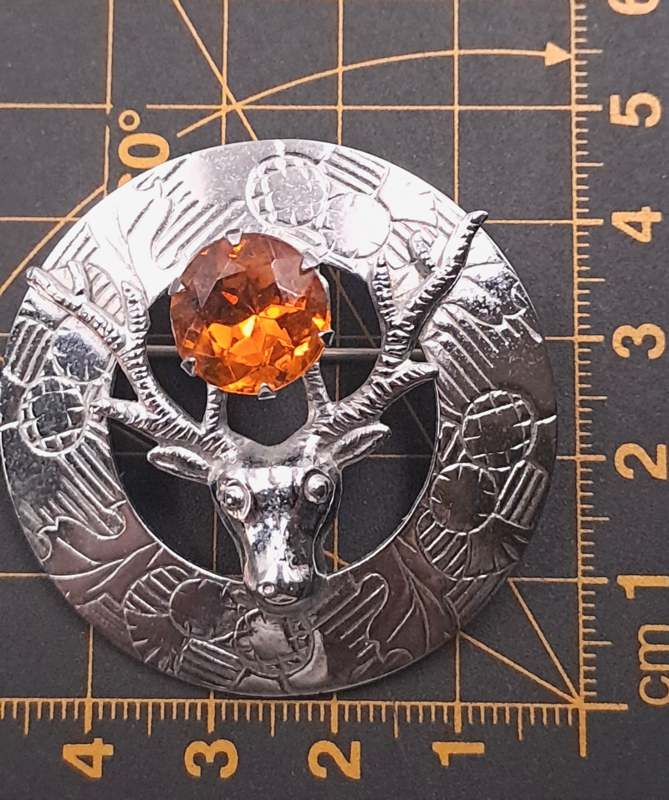 Vintage Mizpah Brooch Celtic StyleSilver Tone Brown Glass Centre 45mm Diameter
