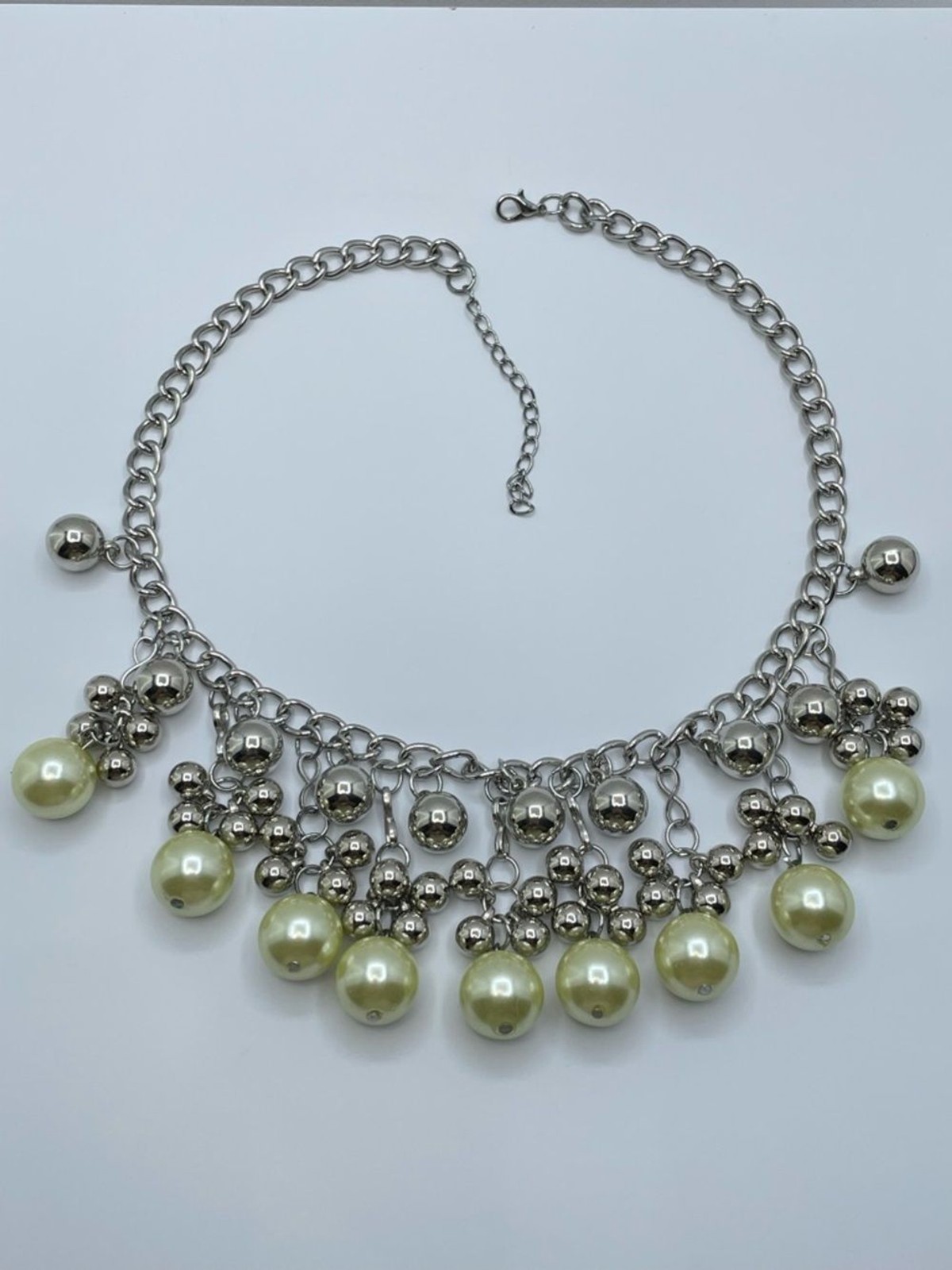 Silver Tone Faux Pearl Statement Necklace Chunky Chain Drop Charm Bold