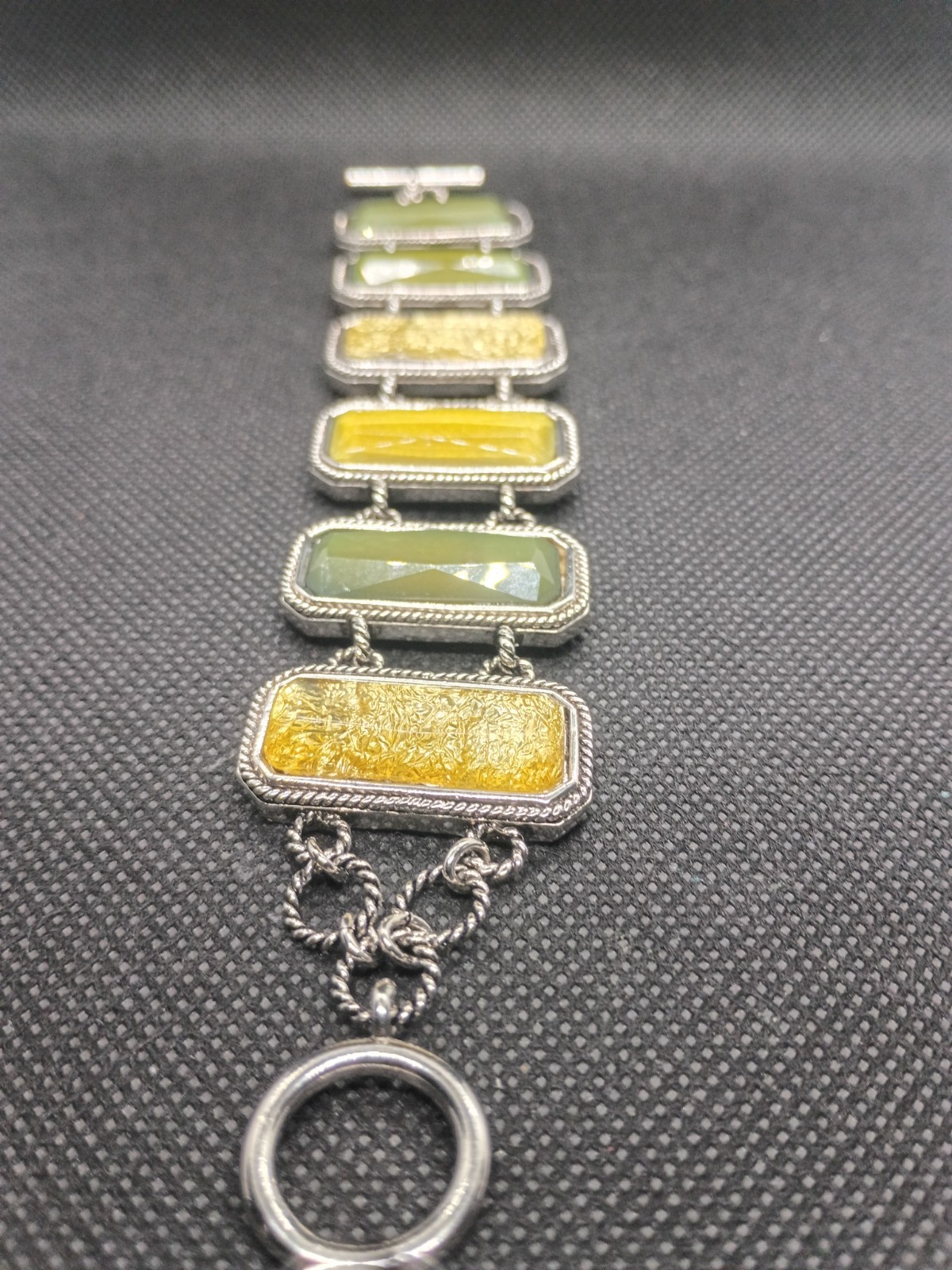Lia Sophia Macy Green Yellow Gold Foil Square Stones Silver Toggle Bracelet