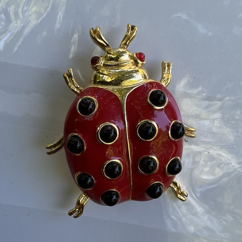 Trifari Signed Red Enamel Ladybug Brooch Pin Gold Tone Metal Black Spots
