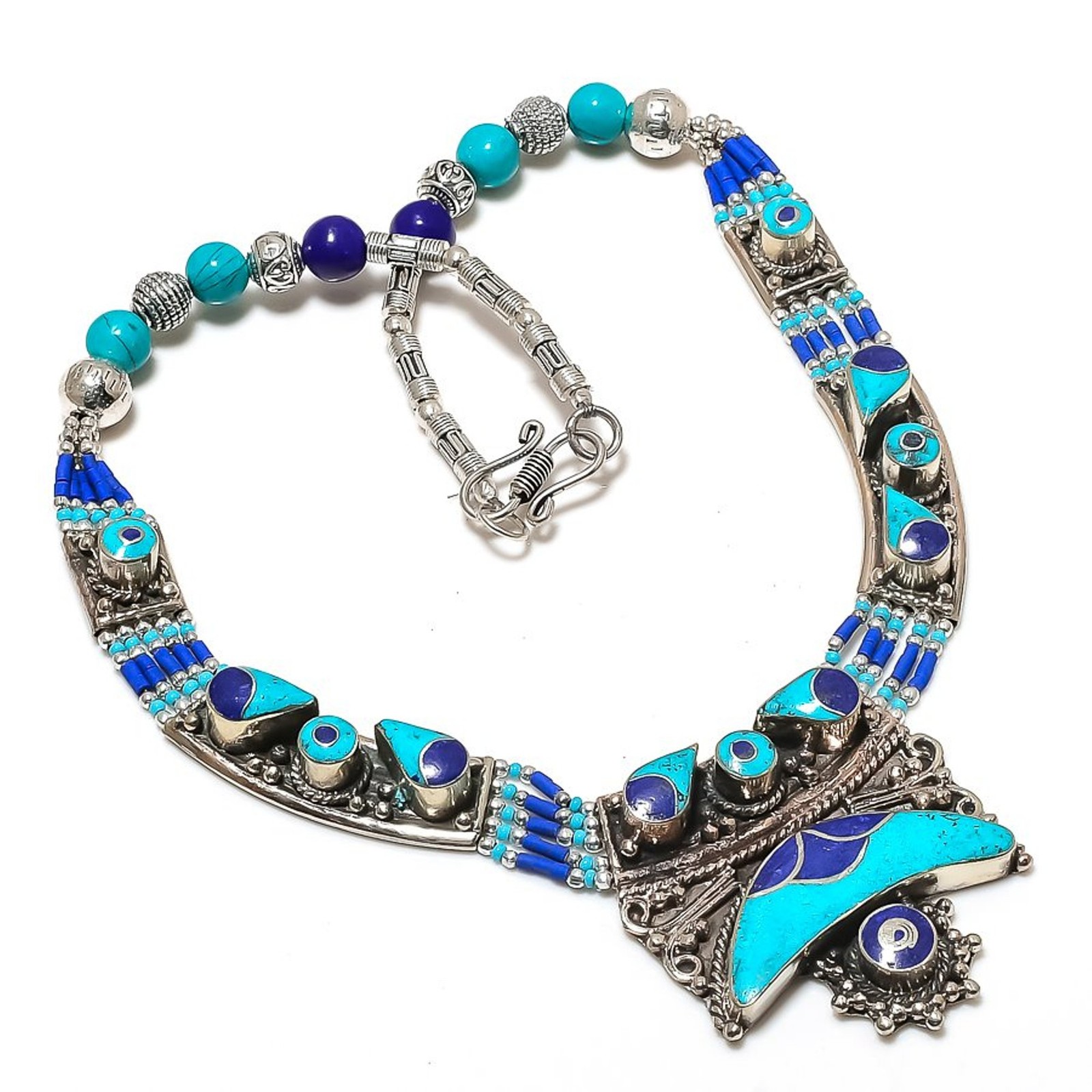 Turquoise Lapis Lazuli Gemstone Necklace Boho Tibetan Nepali Jewelry 18″ NN 7205
