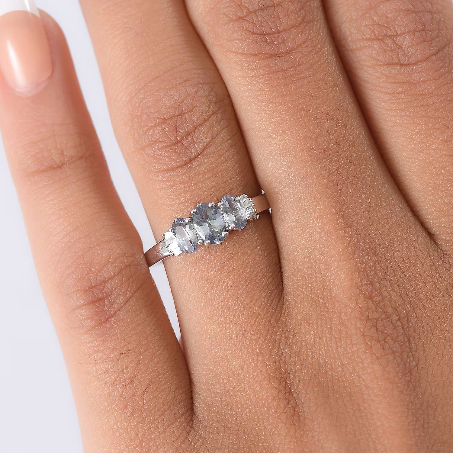 D’Joy Peacock Tanzanite and Diamond 1.10 ctw Ballerina Ring in Rhodium Plated