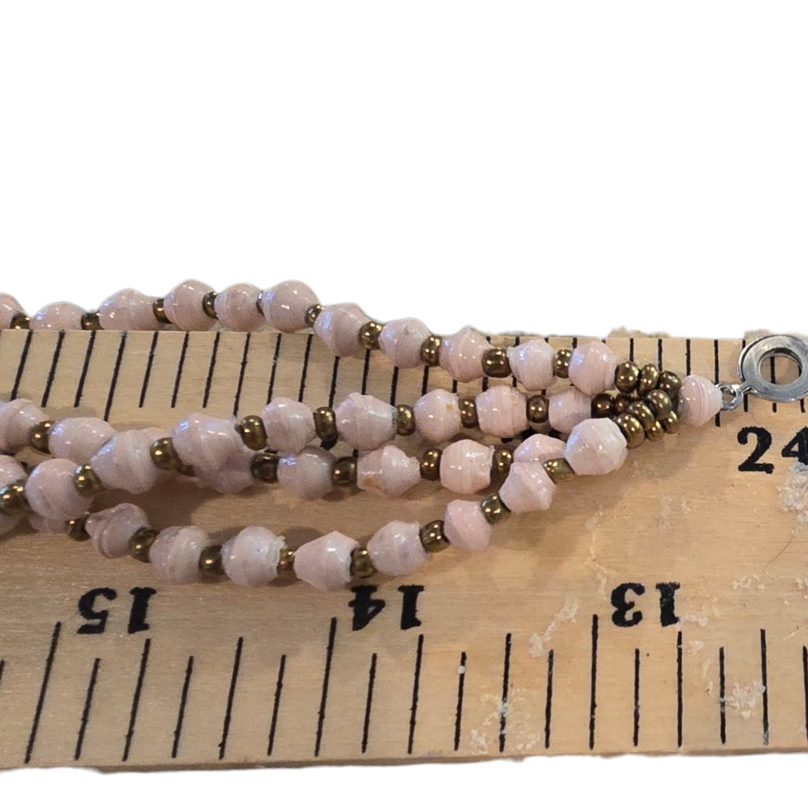 Vintage Necklace Bicone Soft Pink Bead Four Strand Brass Tone Spacer 24″ SKU2285