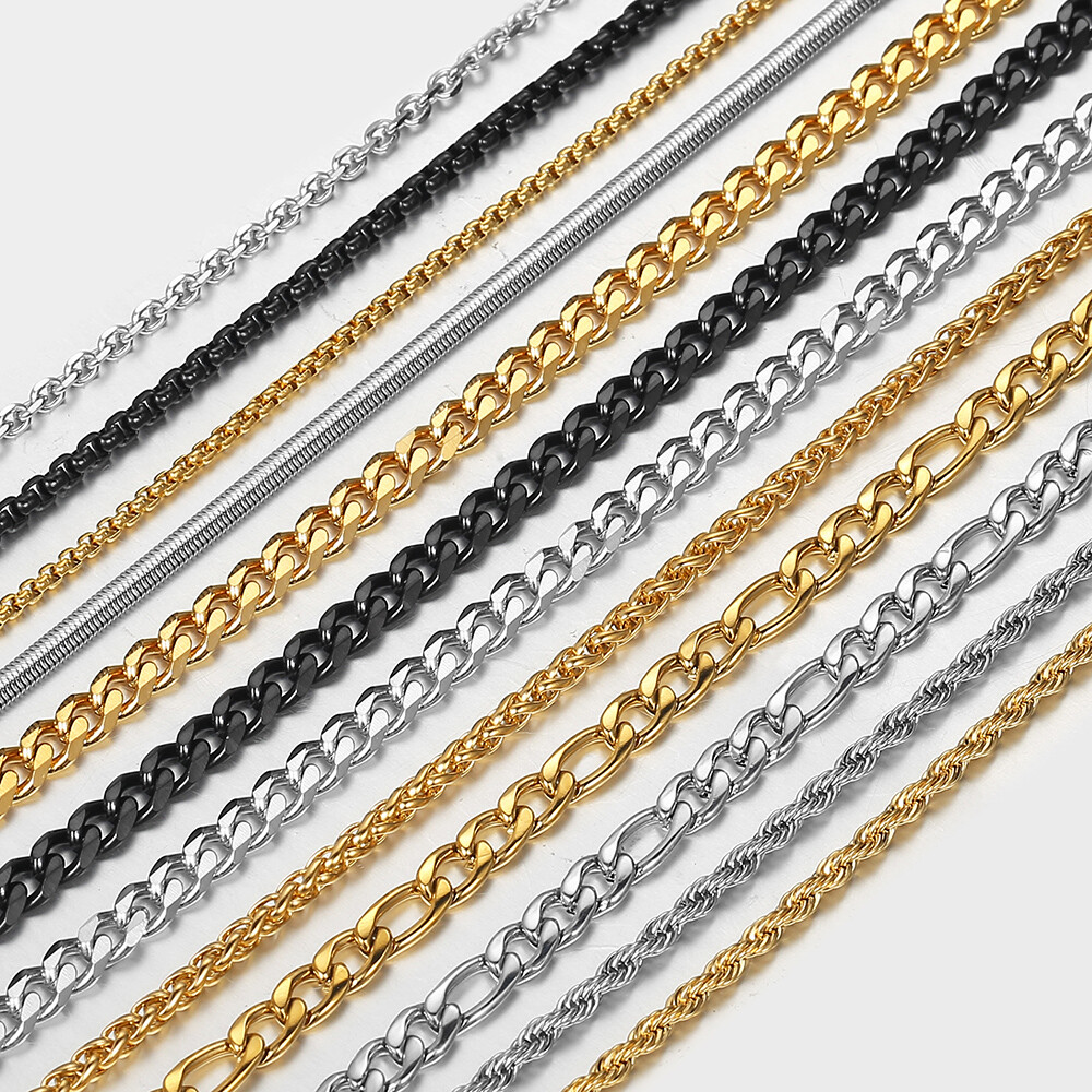 2-5mm Silver/Black/Gold Plated Curb Figaro Rope Box Wheat Chain Necklace 16-30″
