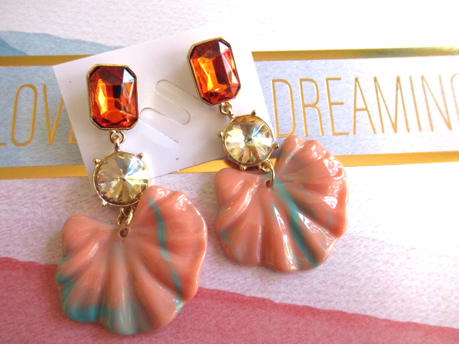 Beautiful Ripple Acrylic Peach Teal Shell Orange Gemstones Dangle Earrings NWT