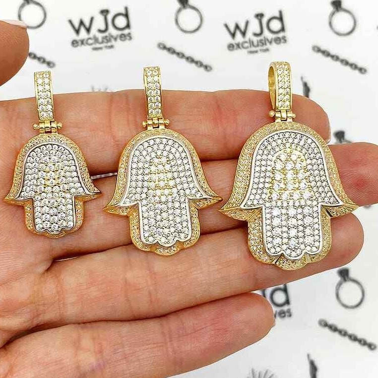 14K Yellow Gold Simulated Diamond Pave 3D Layered Hamsa Hand Pendant 1.2″-1.6″