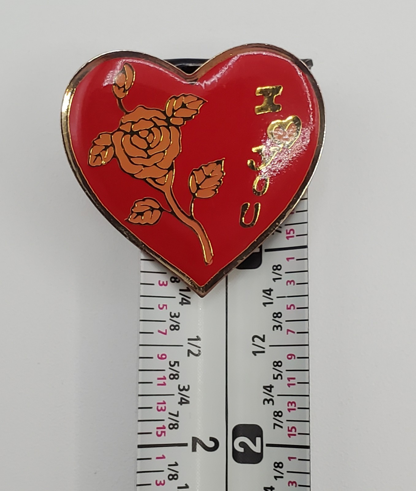 I Heart You Rose Pin 1.25in Red Gold Tone Enamel I Love You VTG Estate Brooch