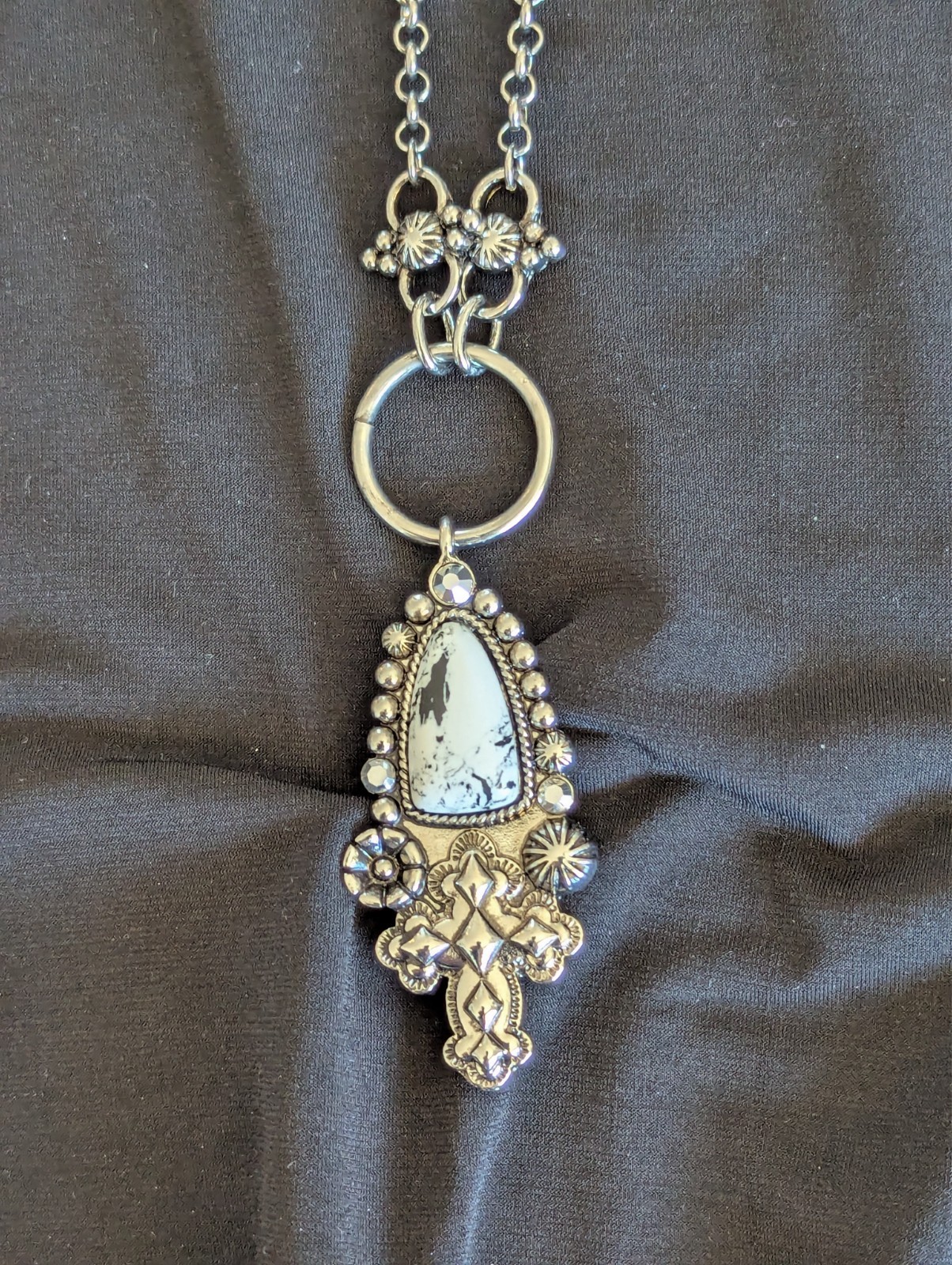 White Buffalo Howlite Teardrop Cross Pendant Necklace Silver Tone Boho Rodeo