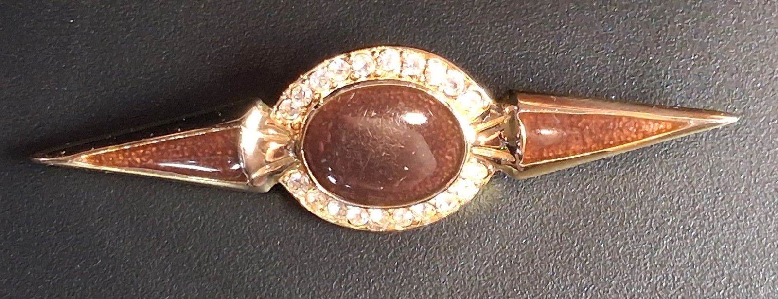 Retro Style Gold Tone Enamel Bar Brooch Brown Cabochon Rhinestone Pin