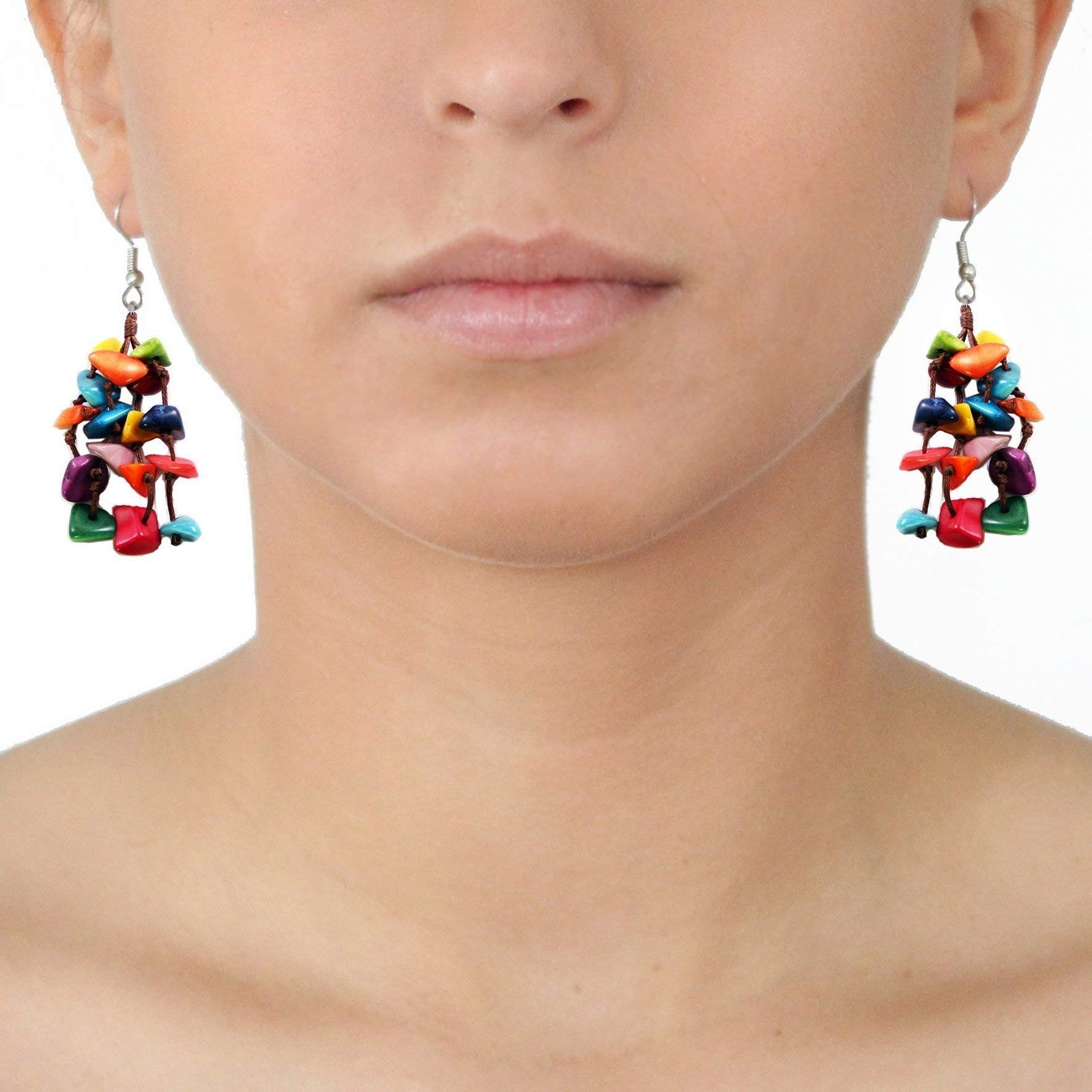 Tagua Earrings Multicolor Tassels Handmade Fair Trade, Lightweight, by