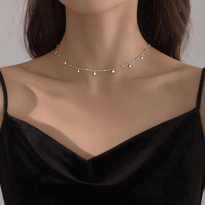 925 Sterling Silver Women’s Neck Chain Jewelry Tassels Round Necklaces Vintage L