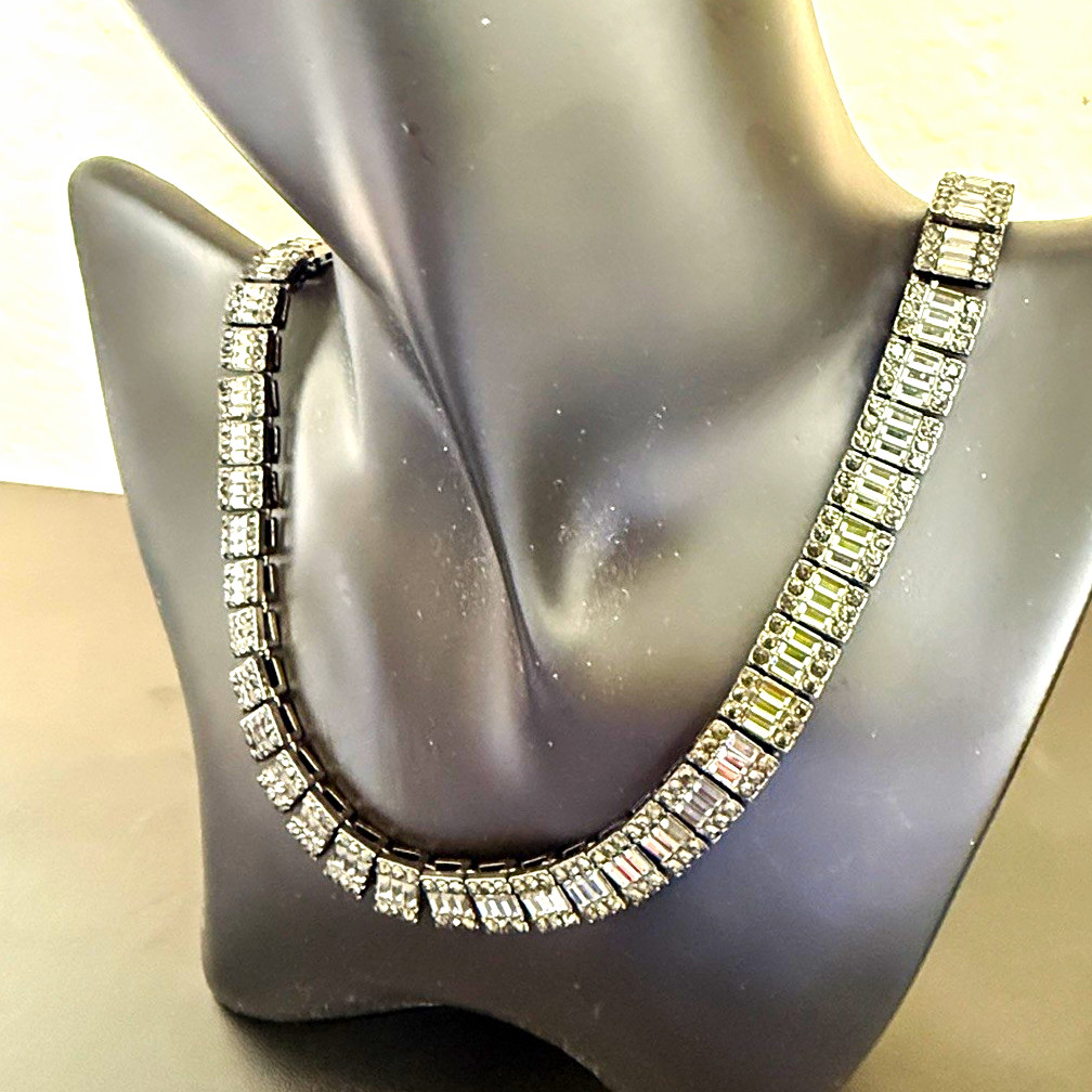Black AAA CZ Emerald Cut Tennis Necklace Silver Tone Stainless Steel 18”