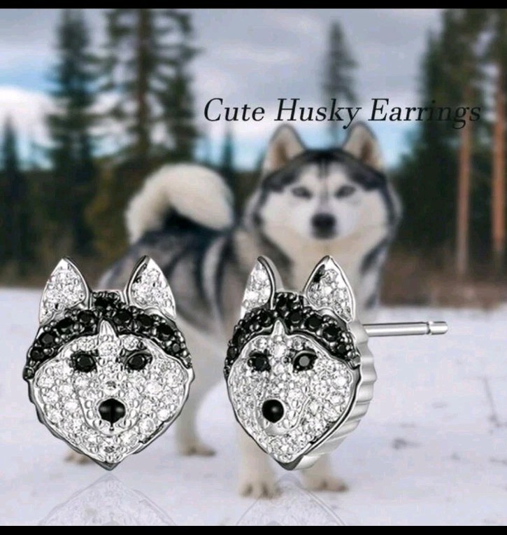 Exquisite Husky Dog Rhinestone Stud Earrings Holiday Birthday Dog Lover Gift