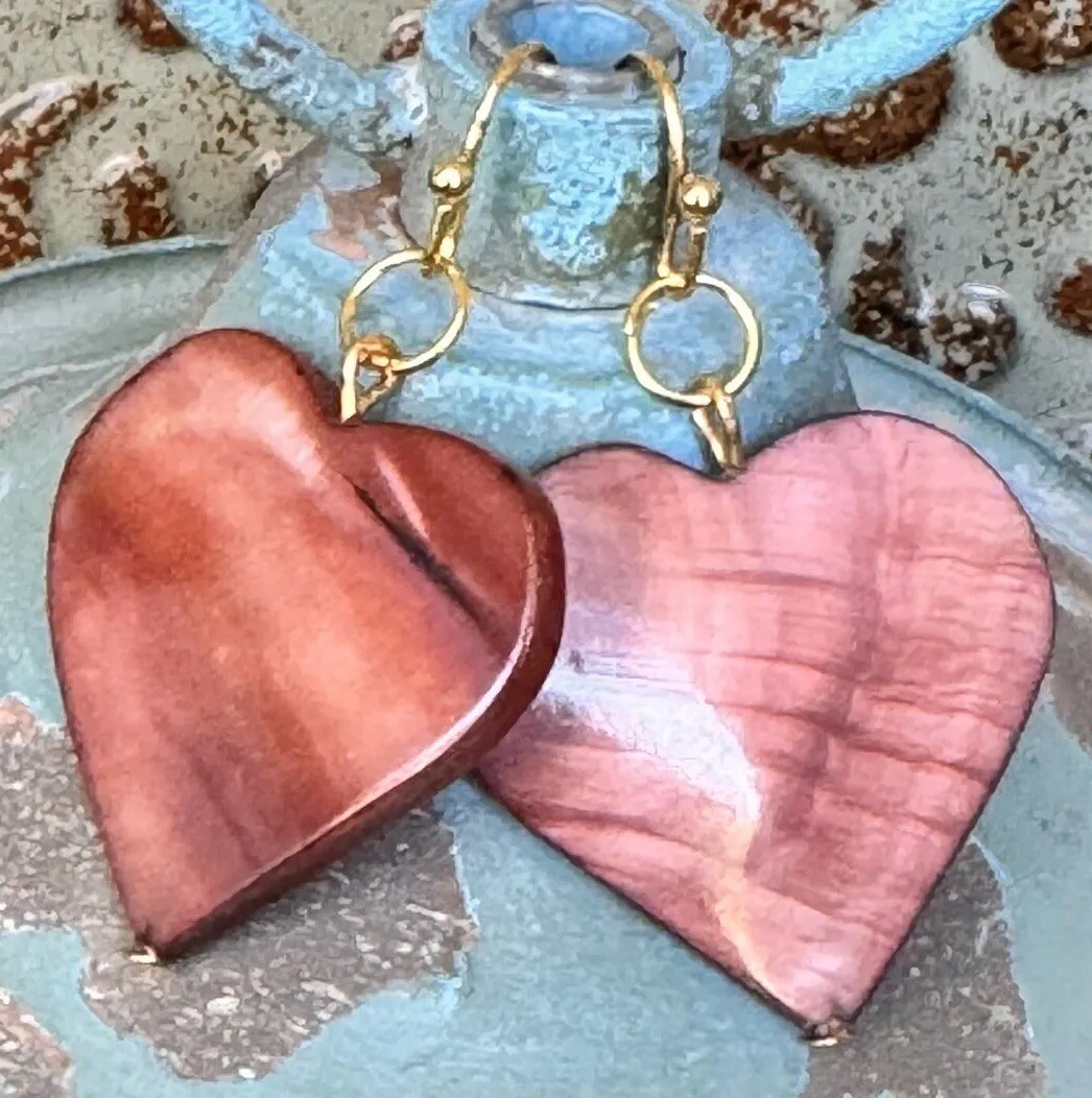 Beautiful Gold with Pink Shell Heart Earrings. Love.