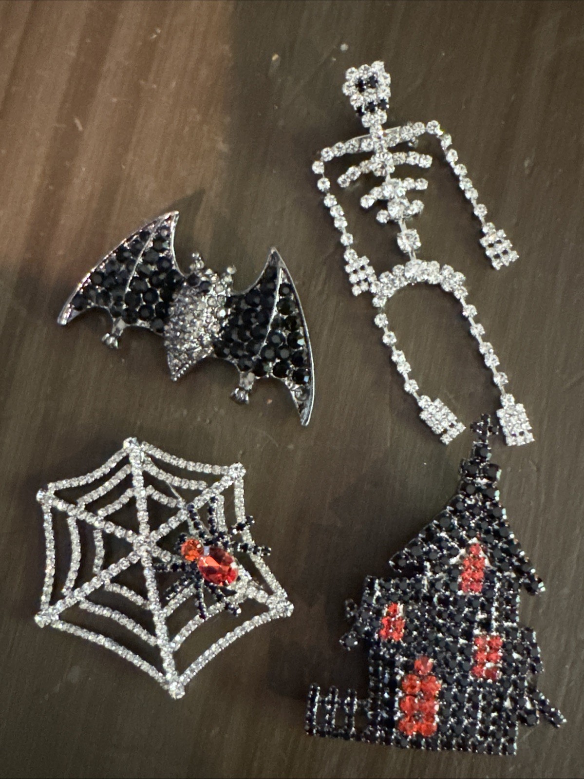 Lot Of 4 Spooky Pins Hand Set Crystal Bat Skeleton Spider Web Haunted House