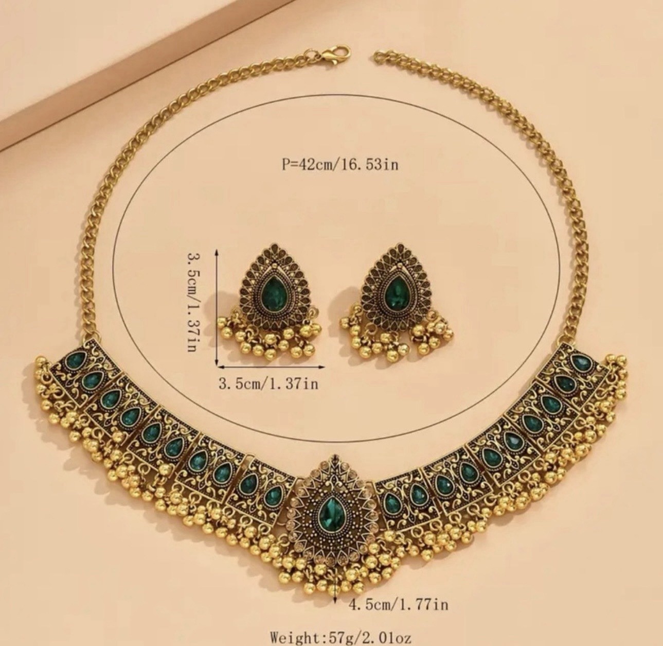 1 Pair Bollywood Style Earrings + 1Necklace Vintage Jewelry Set