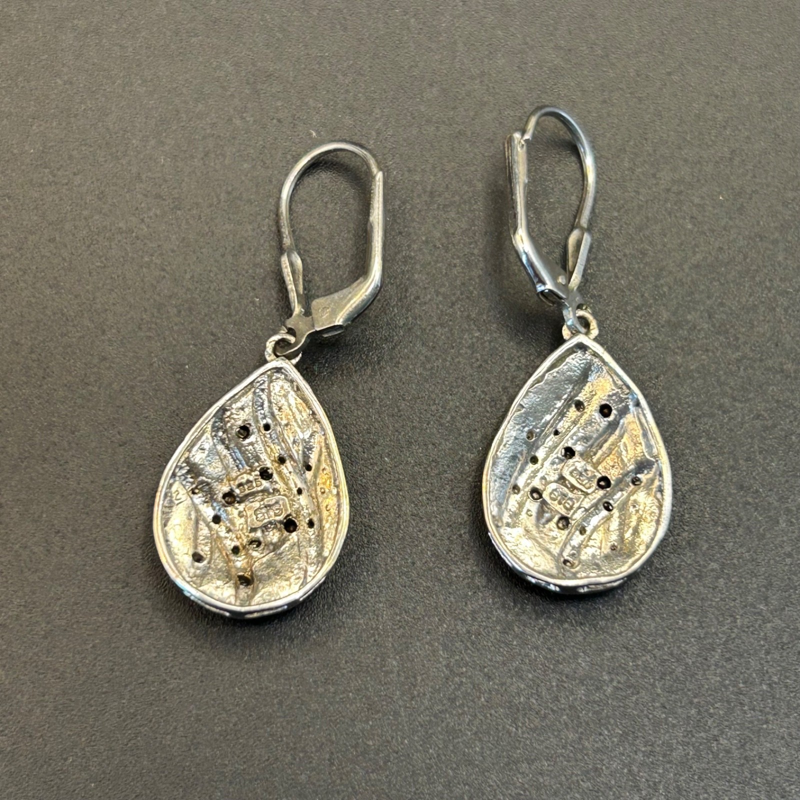 Sterling Silver 925 STS Earrings Black White CZ Teardrop Pave Wave Cocktail