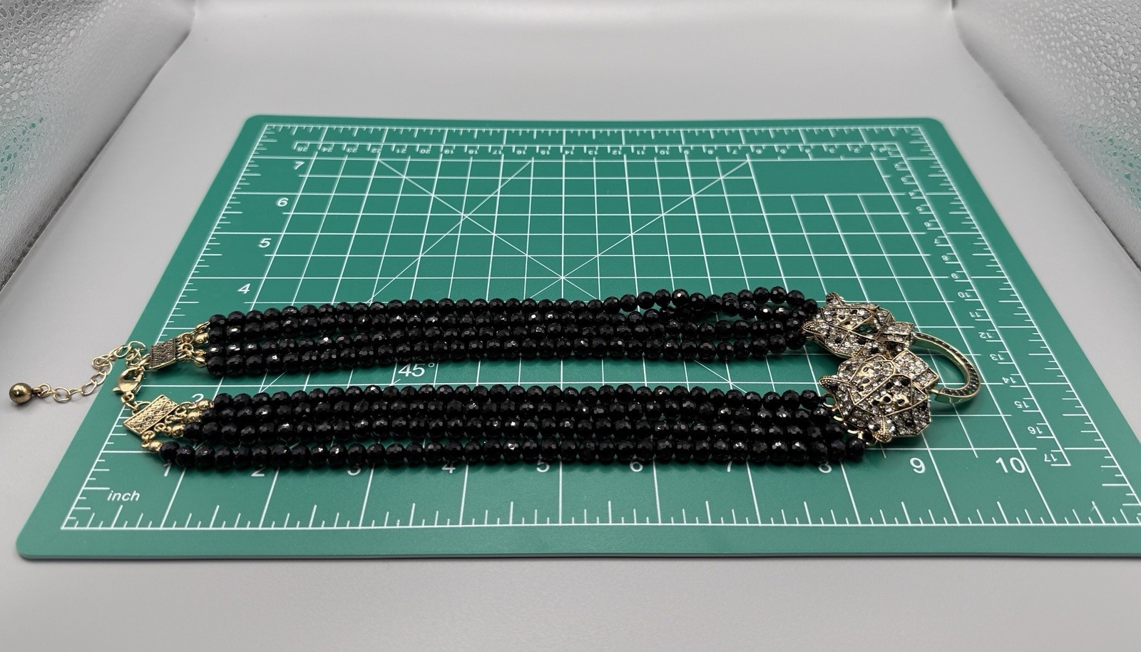 Natasha Double Leopard Panther Head Black Beaded Statement Necklace Rhinestone
