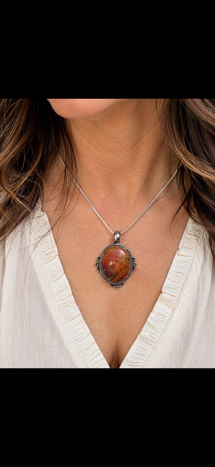 Marked 925 Oval Orange Brown Cabochon Stone Bezel Set Pendant Jasper