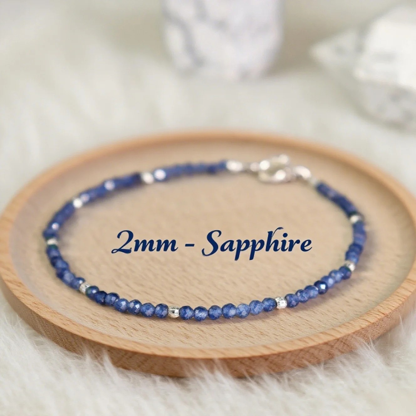 2mm Blue Sapphire Gemstone Beads Delicate Minimalist Healing Woman Bracelet Gift