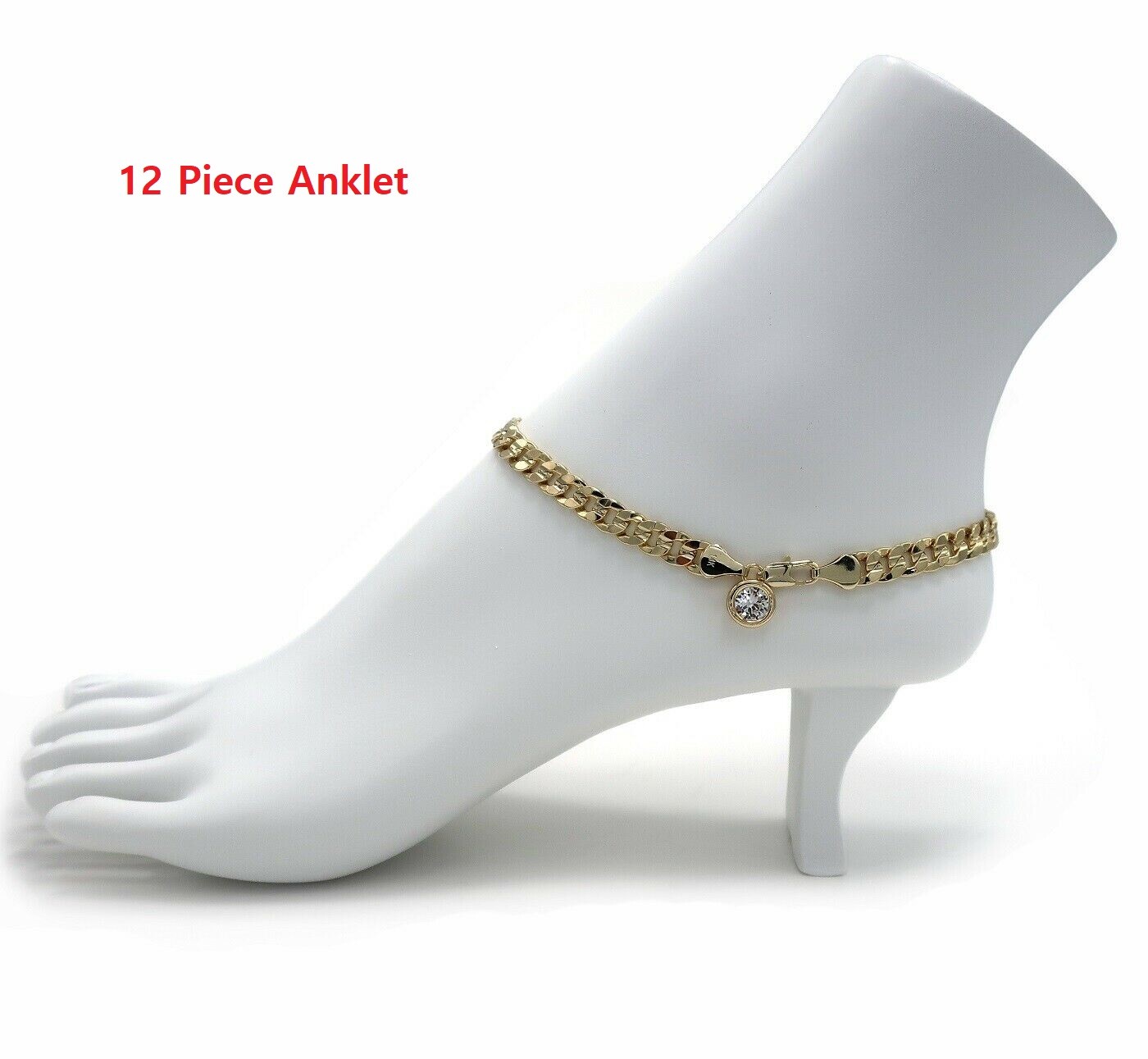 12 Piece CONCAVE CUBAN LINK CHAIN ANKLET CZ 6mm ANKLE BRACELET 14K GOLD PLATED