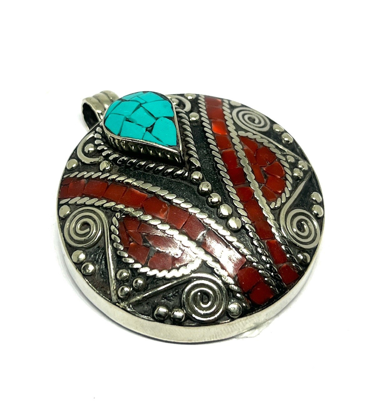 Tibetan Red Coral Turquoise Gemstone Buddhist Prayer Pendant Jewelry, 2.0 inch