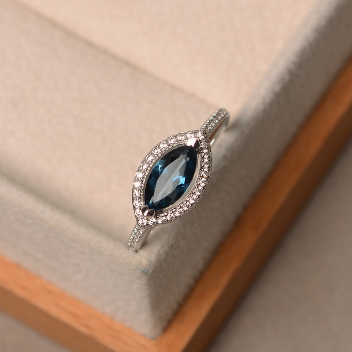 2CT Blue Topaz Dainty Art Deco 925 Silver Plated Halo Ring Birthday Gift