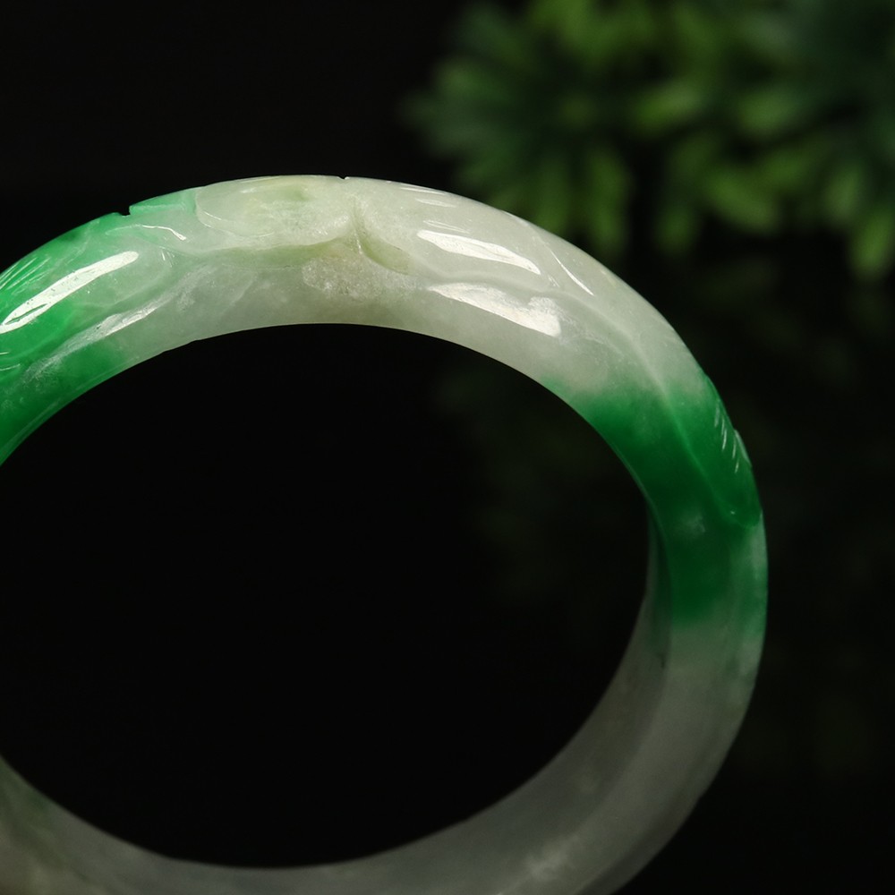 58mm White Emerald Green Jadeite Jade Bangle Bracelet Ruyi Rabbit Bat A-14581