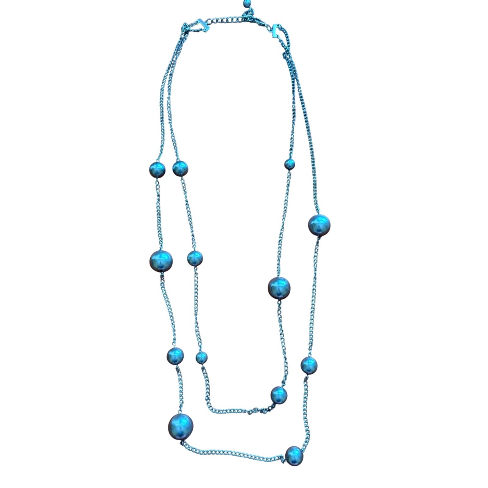 Double Layer Silver Tone Grey Beads Long Chain Necklace Adjustable Clasp
