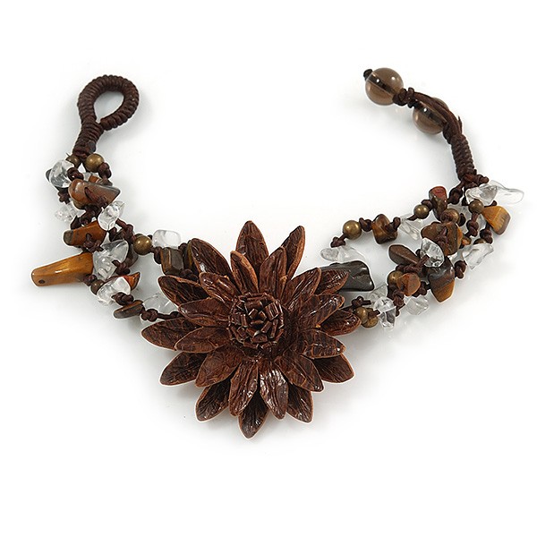 Leather Flower Turquoise Bead Cotton Cord Bracelet/ Brown/ 15cm L/ Small