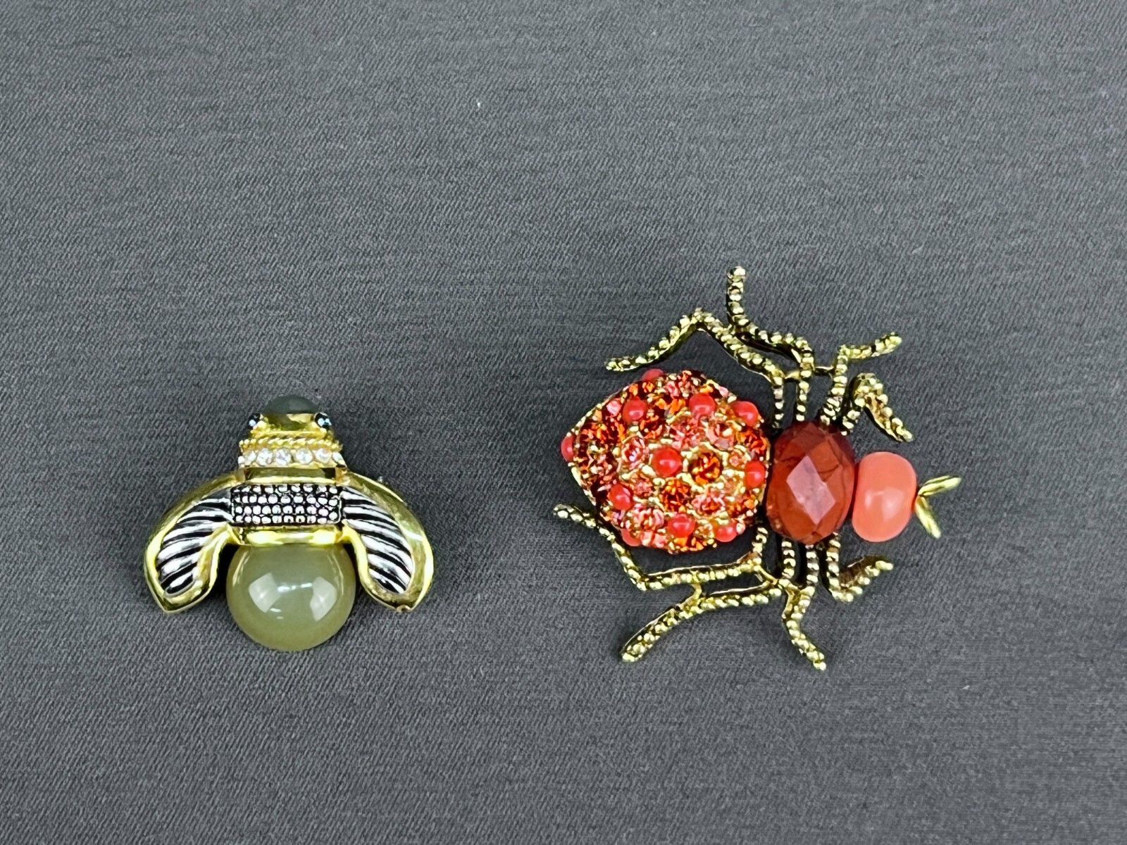 2 Joan Rivers Carnelian Spider & Faux Jade Just Do It Bee Brooches w/Crystals