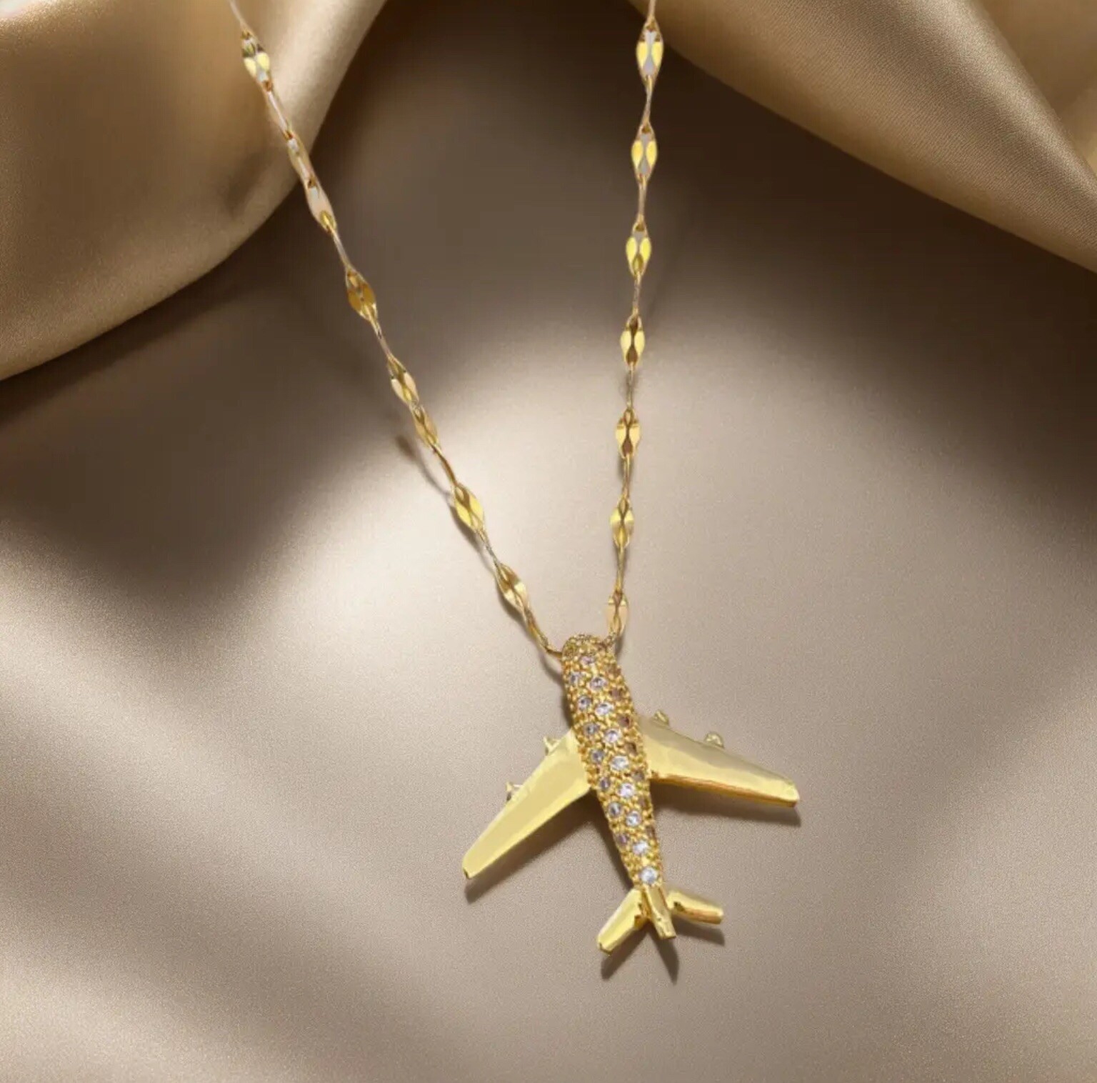 Aircraft Airplane Jet Aviation Pilot Travel Gold Diamond Pendant Necklace