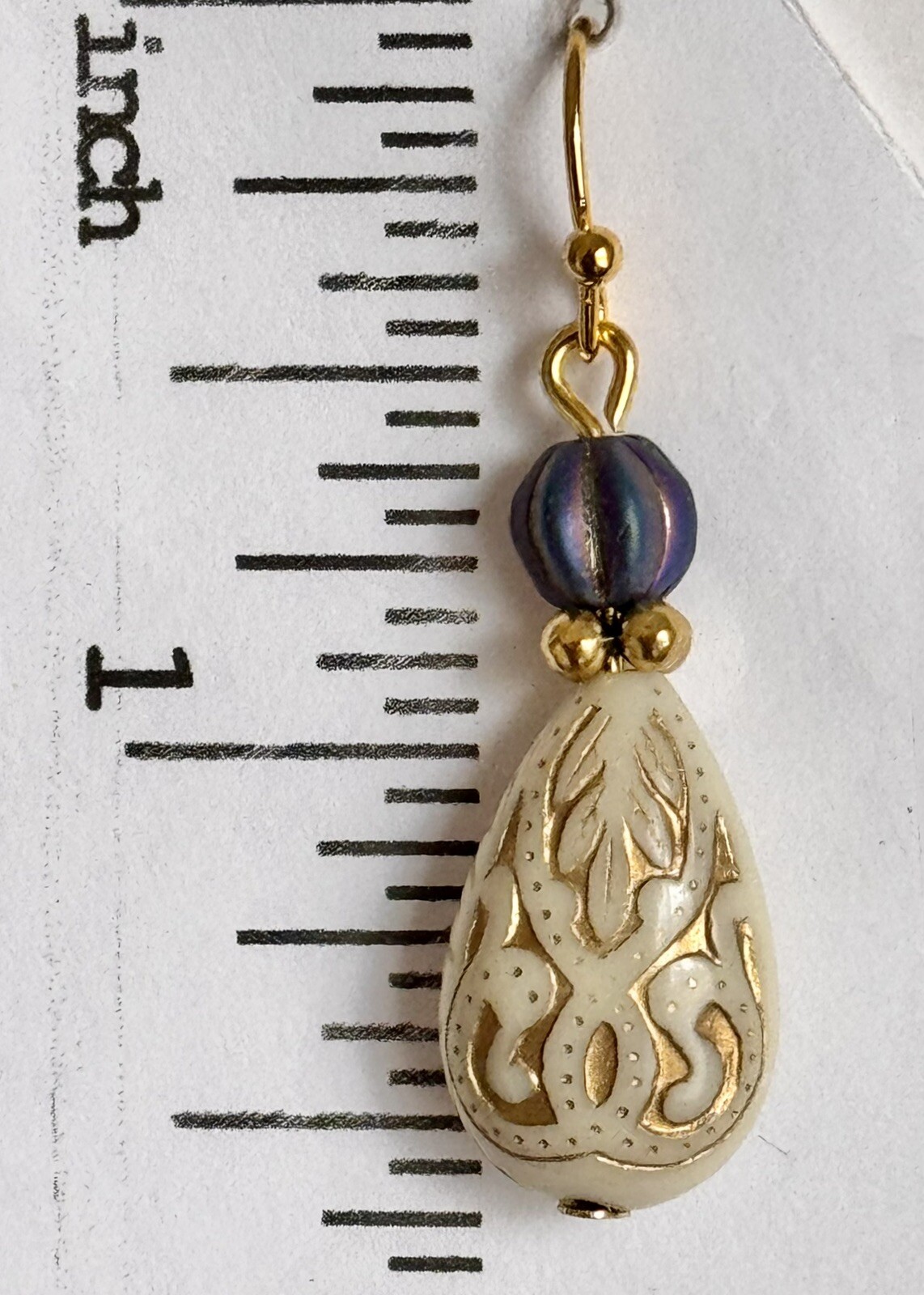 Beautiful Gold, Iridescent Blue and Etched Ivory Teardrop Dangle Earrings