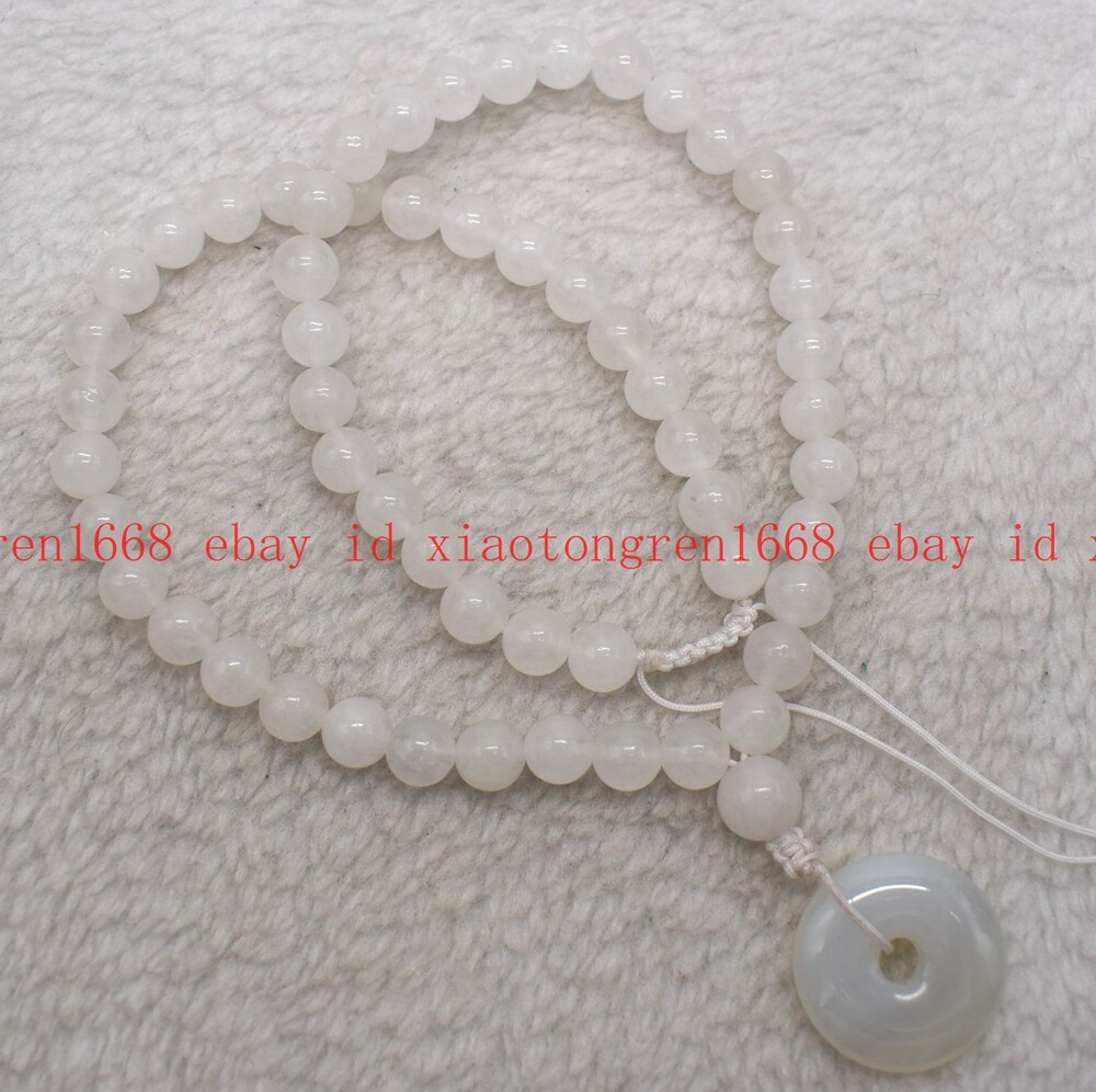 Natural 8mm White Jade & 30mm Circle Donut Gems Round Beads Necklace 16-22in