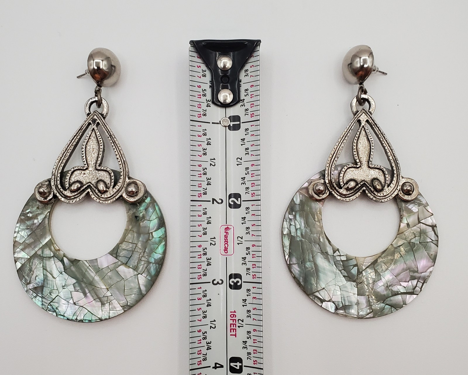 DLH Depose Earrings 3.5in Huge Pewter Iridescent Mosaic MOP Abalone VTG Estate