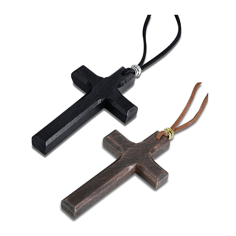 Retro Wood Cross Crucifix Leather Cord Pendant Men Women Necklace Sweather Chain