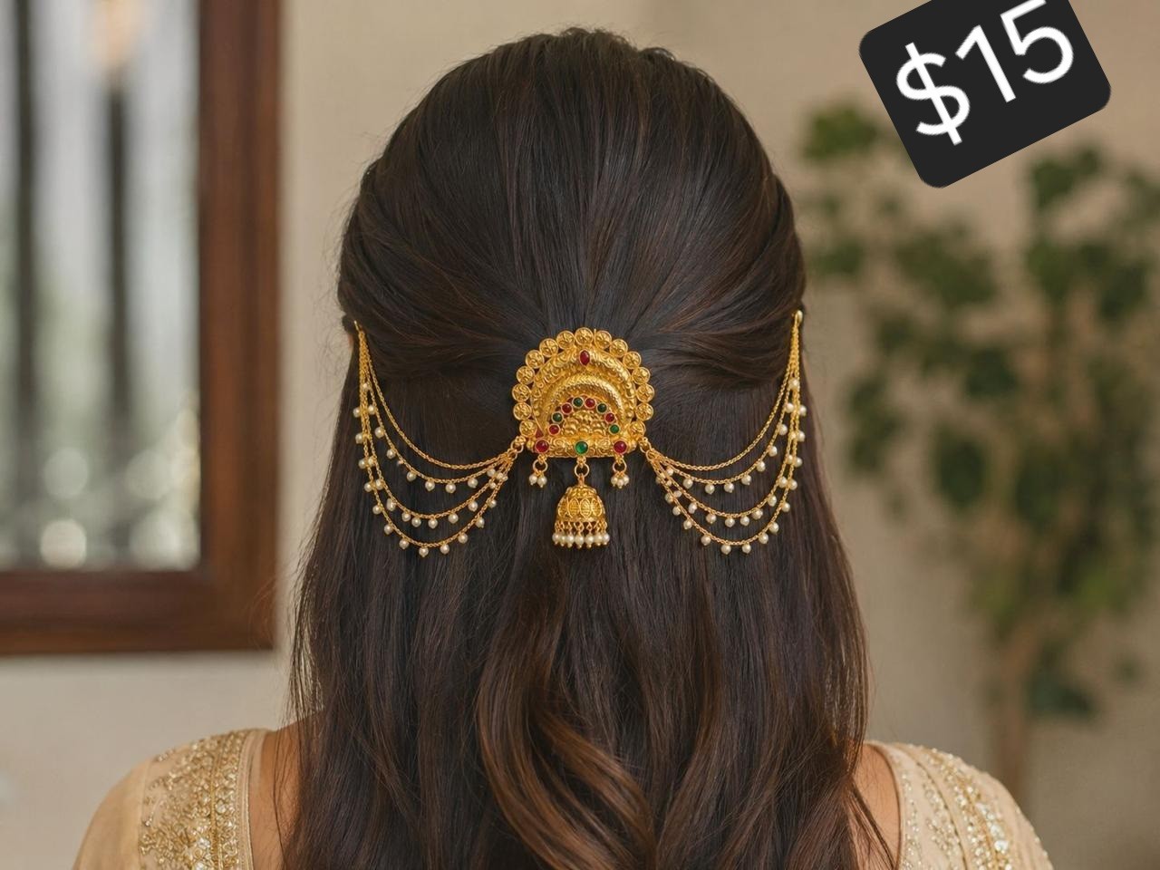 Gold Tone Beaded Hair Clip Chain Drape with Round White Pearl Charm
