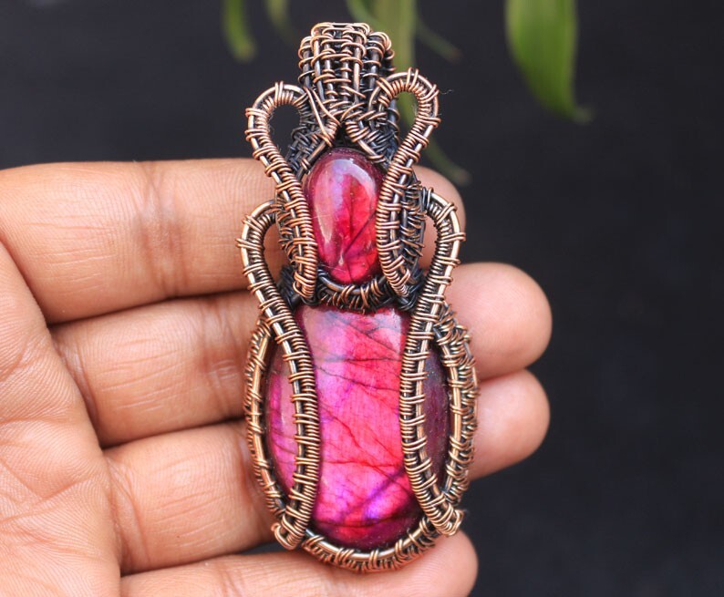 Pink Fire Labradorite Copper Wire Wrap Pendant Jewelry Birth Gift Pendant N8