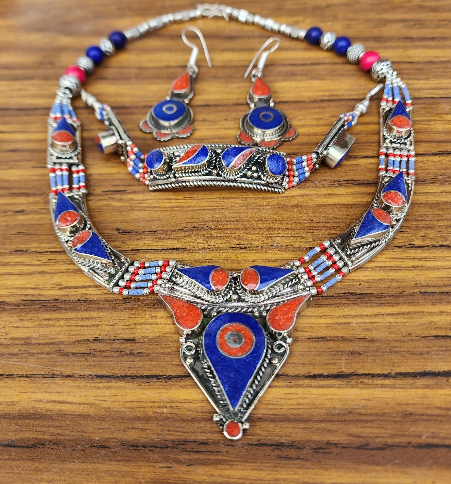 Nepali Statement Women Necklace Earring Set Lapis Turquoise Tibetan Jewelry