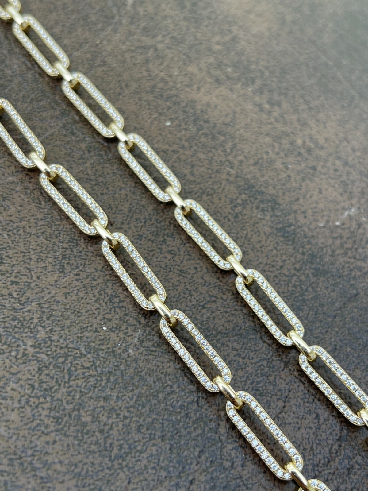 Ladies 14k Gold Plated Solid 925 Sterling Silver Paperclip Chain Iced CZ